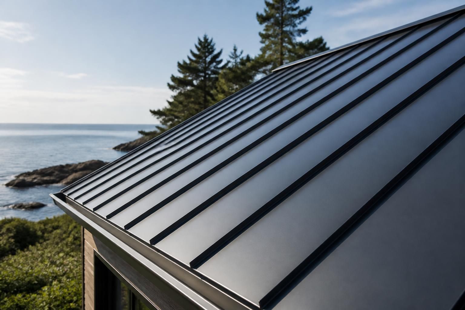 Finished metal roof with clean seams and coastal light.