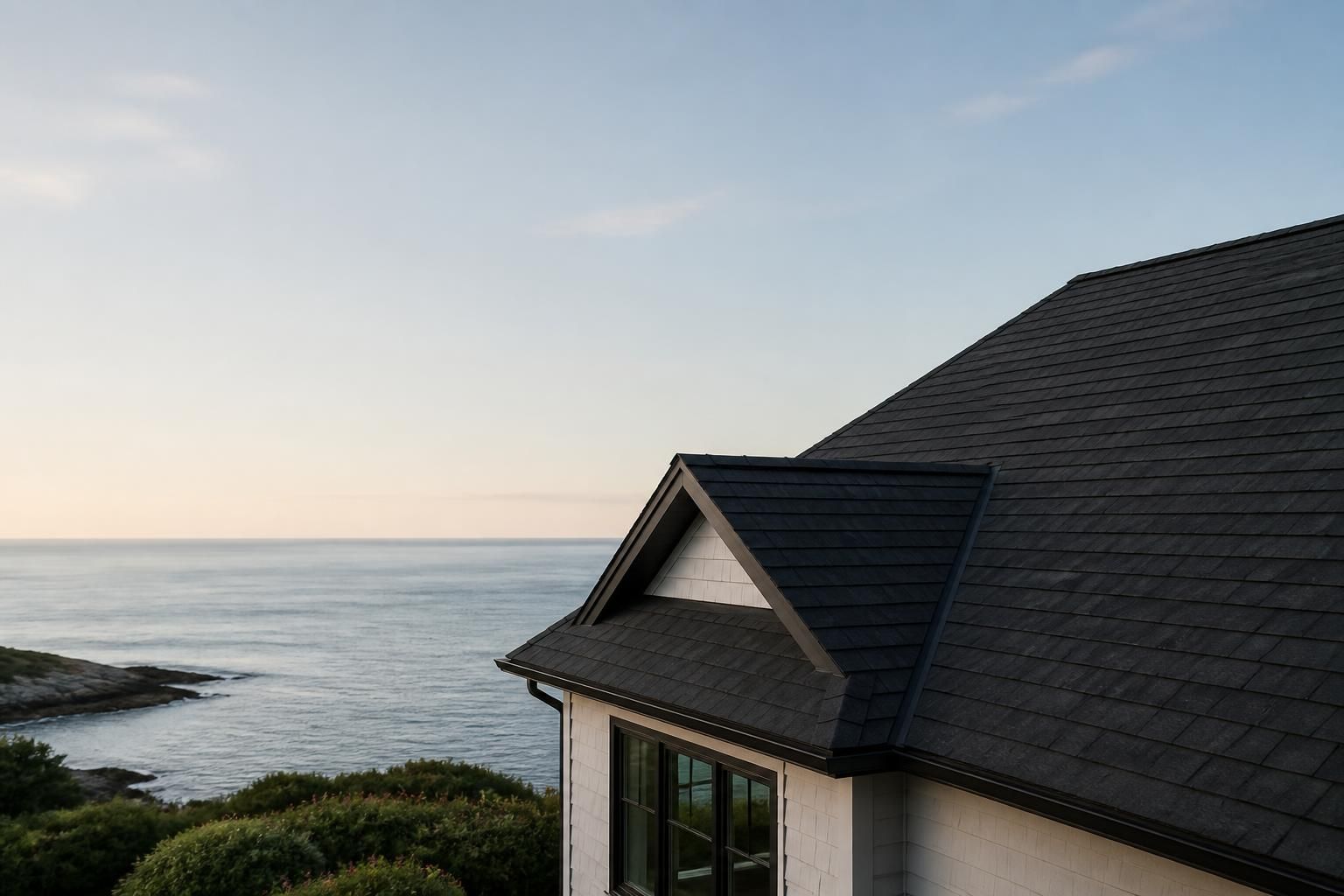 Finished rooflines on a coastal property with open sky space.